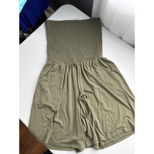Zenana Romper Olive Green Strapless Smocked Drawstring Pockets XL